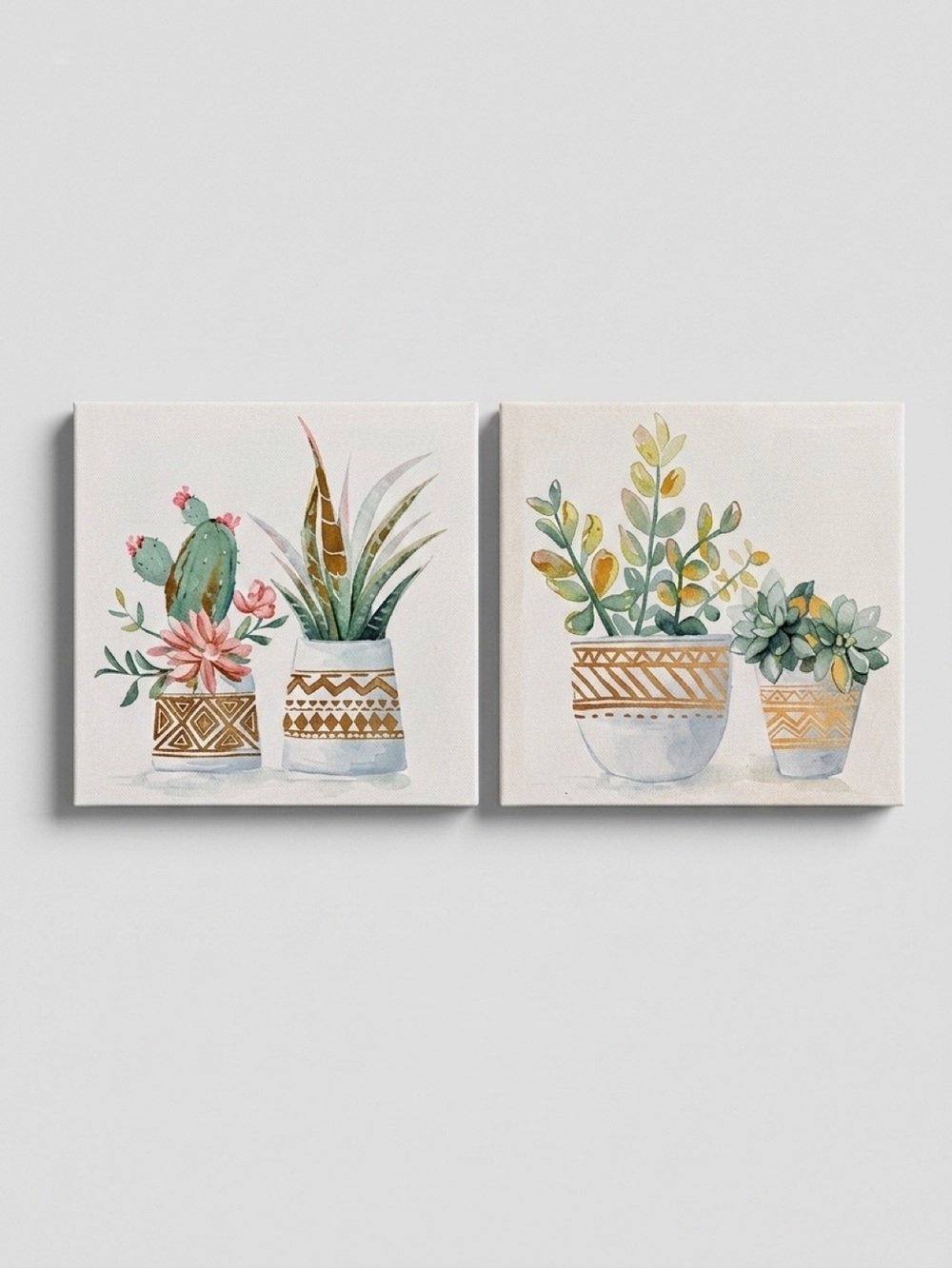 Hobby Lobby Watercolor Succulent Canvas Set - Green, Gold & Pink